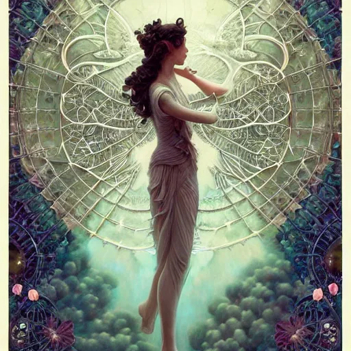 Image similar to aerith gainsborough, intricate, elegant, hyper detailed, finely detailed beautiful angelic symmetry face delicate, smooth, sharp focus, award - winning, masterpiece, in bloom greenhouse, shining light came in through the window, style of tom bagshaw, cedric peyravernay, peter mohrbacher, louis comfort tiffany, victo ngai, 4 k hd illustrative wallpaper