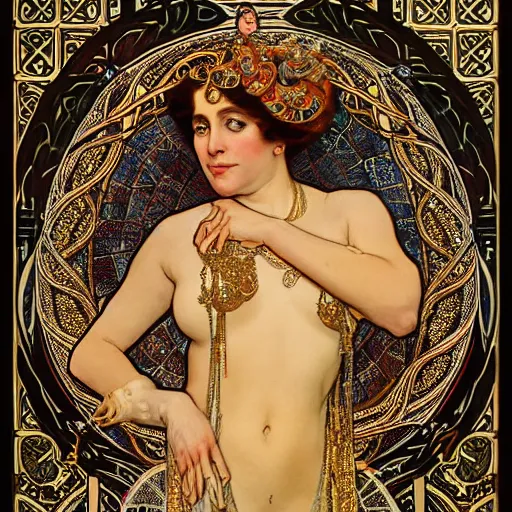 Prompt: !dream realistic detailed dramatic symmetrical portrait of Alex Jones as Salome dancing, wearing an elaborate jeweled gown, by Alphonse Mucha and Gustav Klimt, gilded details, intricate spirals, coiled realistic serpents, Neo-Gothic, gothic, Art Nouveau, ornate medieval religious icon, long dark flowing hair spreading around her