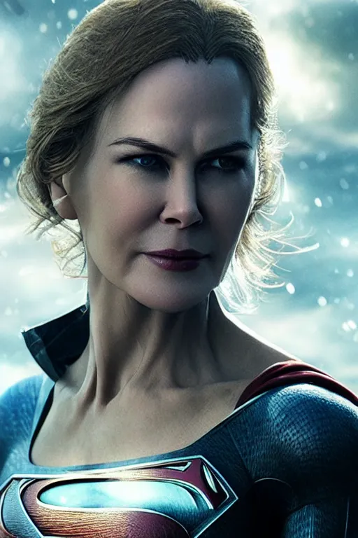 Image similar to a fancy close up of Man of Steel cast as Nicole Kidman by Greg Rutkowski, Sung Choi, Mitchell Mohrhauser, Maciej Kuciara, Johnson Ting, Maxim Verehin, Peter Konig, 8k photorealistic, cinematic lighting, HD, high details, dramatic, trending on artstation, full body armour