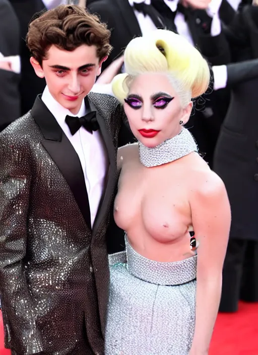 Image similar to timothee chalamet with lady gaga on a red carpet, canon, highly realistic. lady gaga, high resolution. highly detailed 8 k. 4 k.