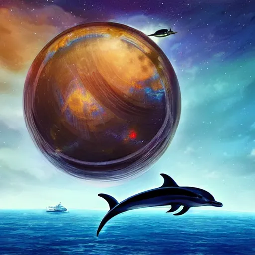 Image similar to a spaceship flies past an alien ocean and a dolphin wistfully watches from the water, sci-fi digital art illustration,