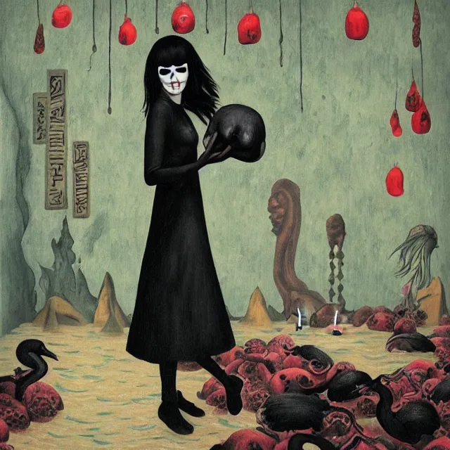 Prompt: tall female emo artist holding a skull in her flooded apartment, pomegranates, octopus, water gushing from ceiling, painting of flood waters inside an artist's apartment, a river flooding indoors, candles, ikebana, zen, rapids, waterfall, black swans, canoe, berries, acrylic on canvas, surrealist, by magritte and monet