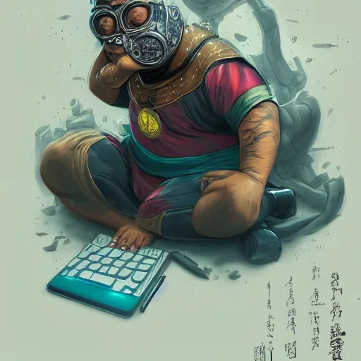 Image similar to an insanely detailed painting of a chubby and nerdy asian man wearing a homemade superhero costume and mask, sitting at a computer desk typing on the keyboard, in the style of peter mohrbacher, dramatic lighting and composition, trending on artstation, concept art, comic book, graphic novel, back view