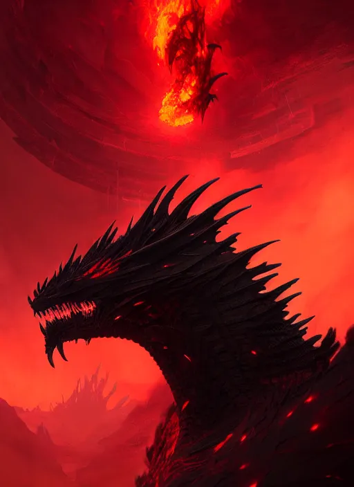 Image similar to black dragon with red demonic eyes on the red smoke background, photorealistic, ultra detailed, trending on artstation, concept art, octane render, unreal engine, by shinji aramaki, by christopher balaskas, by krenz cushart