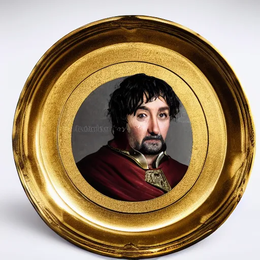 Image similar to richard iv the roman king photo, real human, soft studio lighting, 6 0 mm lens in full golden cashmere plate