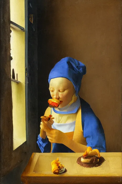 Image similar to person in frog pants drinking hotdog water, vermeer, oil on canvas