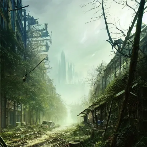 Prompt: postapocalyptic city of munich!!!, wild forest!!! vegetation!!!, small rubble!!, hyperrealistic, highly detailed, cinematic, sunny light, beautiful, cgssociety, artstation, 8 k, oil painting by greg rutkowski, by artgerm, by wlop