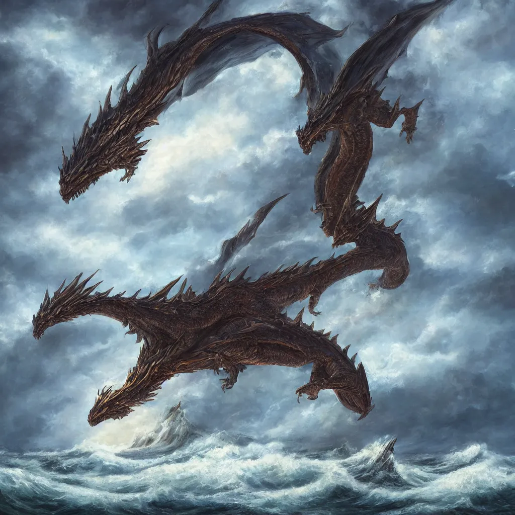 Image similar to a fantasy book style portrait of a giant dragon, stormy sea, giant waves, lightning, small boat, oil painting, 4 k