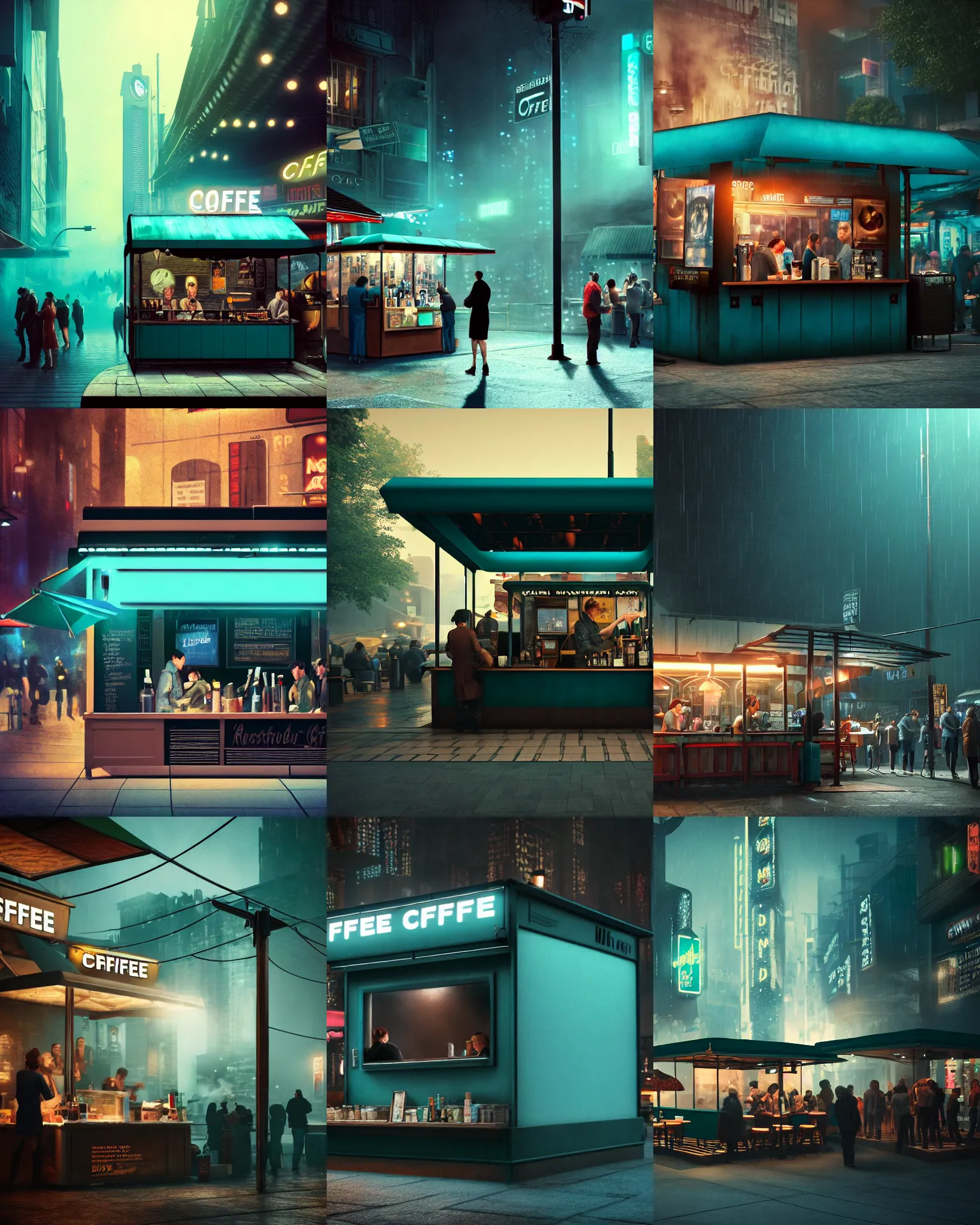 Prompt: establishing shot of an outdoor coffee stand, like a scene from blade runner, customers drinking at the outdoor coffee stand, steamy, dark teal lighting, hard dramatic lighting, unreal engine, hyper realism, realistic shading, cinematic composition, blender render, octane render, hdr, detailed textures, photorealistic, sharp focus, wide shot