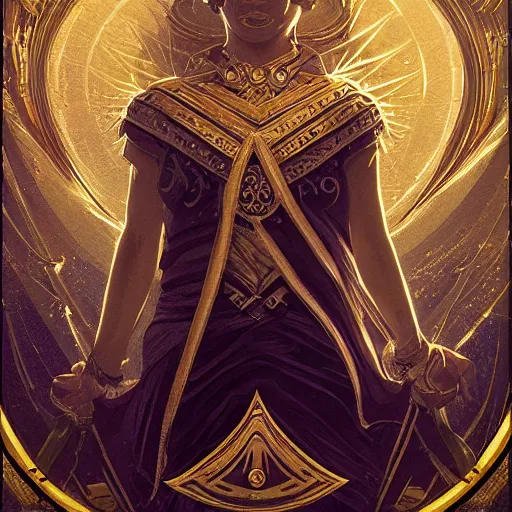 Image similar to a tarot card with symmetrically decorated edges in gold, fantasy art, in the style of greg rutkowski, illustration, epic, fantasy, cinematic, intricate, hyper detailed, artstation, concept art, smooth, sharp focus, ray tracing