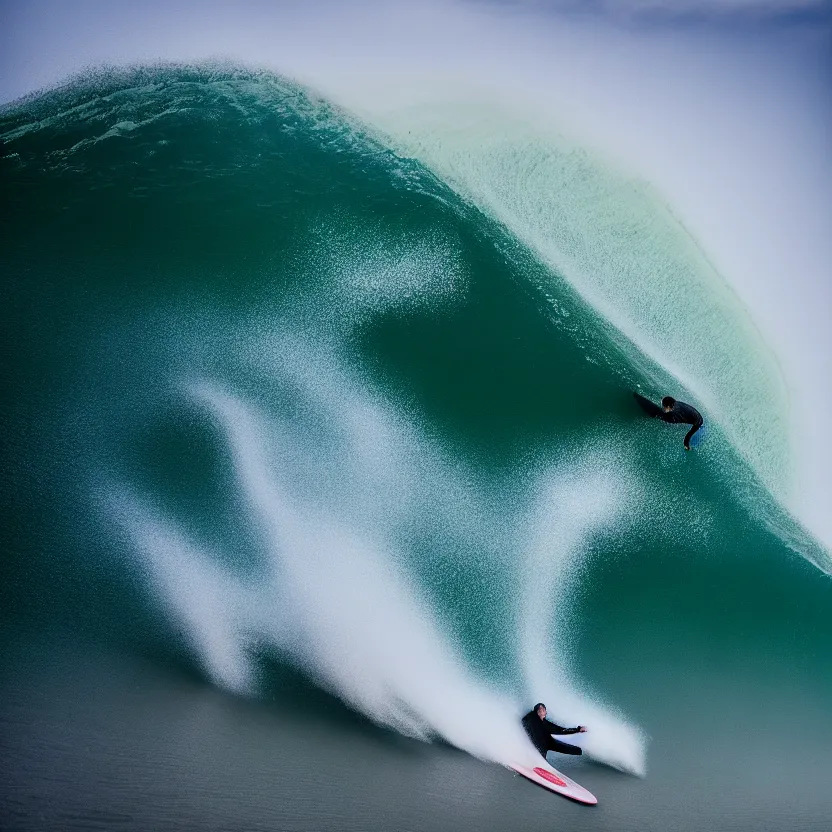 Image similar to man in black suit surfs carpet which looks like ocean wave in nazare, furniture around, business surrounding, dslr, insane details, hyper reallistic, 8 k, clear face and eyes, ultra clear detail, hdr, textured, award winning, professional photography