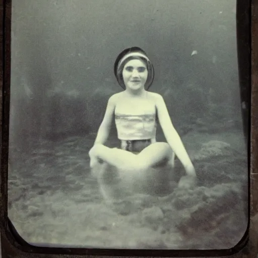 Image similar to tintype photo, swimming deep underwater, squid girl