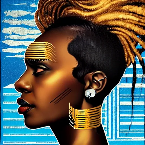Prompt: portrait and side profile of a black woman :: side profile :: in ocean :: clockwork details :: gold :: blood and horror :: by vikings and Sandra Chevrier