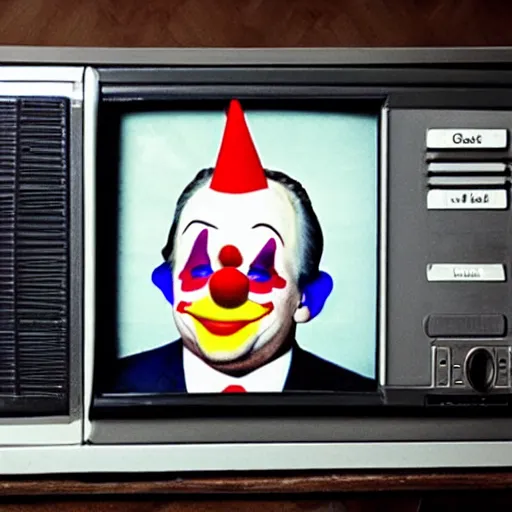 Image similar to photo of an 8 0's television with a president that has a clown face giving a speech