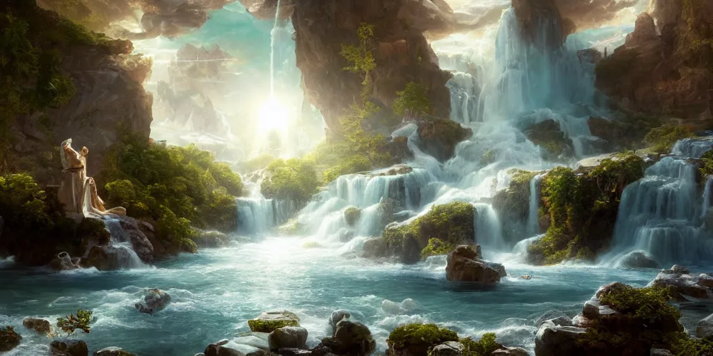 Image similar to creation of the world and heaven with a river of the water of life, clear as crystal, flowing from the throne of god and of the lamb by daniel f. gerhartz and matt stewart and thomas cole, fantasy, photorealistic, octane render, unreal engine, dynamic lighting