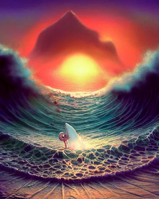 Image similar to big tsunami, shore, sunset, hyper realistic, artstation, illustration, nicoletta ceccoli, mark ryden, lostfish, dan decarlo, bob clampett, max fleischer, digital paint, matte paint, vivid colors, detailed and intricate environment