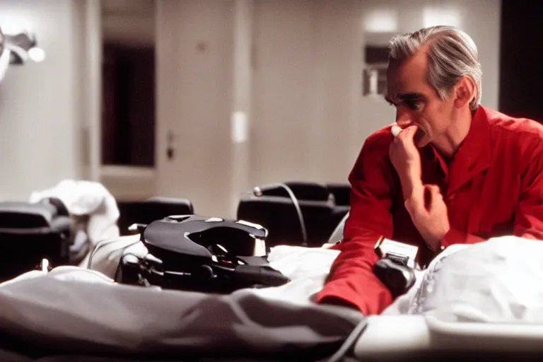 Image similar to a scene from the movie dead ringers with jeremy irons, cinematic lighting, black and red contrast, medical equipment