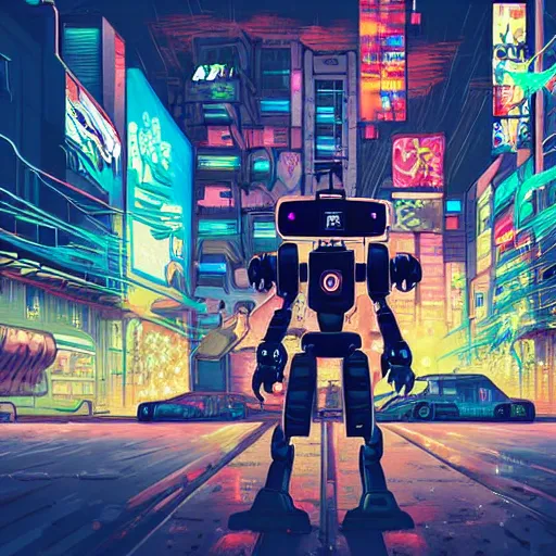 Image similar to hyper-detailed full colour painted anime illustration of a cyberpunk robot mecha dinosaur standing at a ghetto street corner wry graffiti in the background, night, city, dark