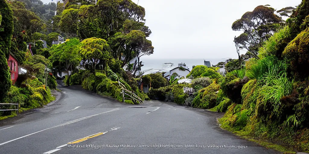 Prompt: a very steep street in wellington, new zealand lined by new zealand montane forest. podocarp, rimu, kahikatea, mountain cabbage trees, moss, vines, epiphytes, birds. windy rainy day. people walking in raincoats. 1 9 0 0's colonial cottages. harbour in the distance.