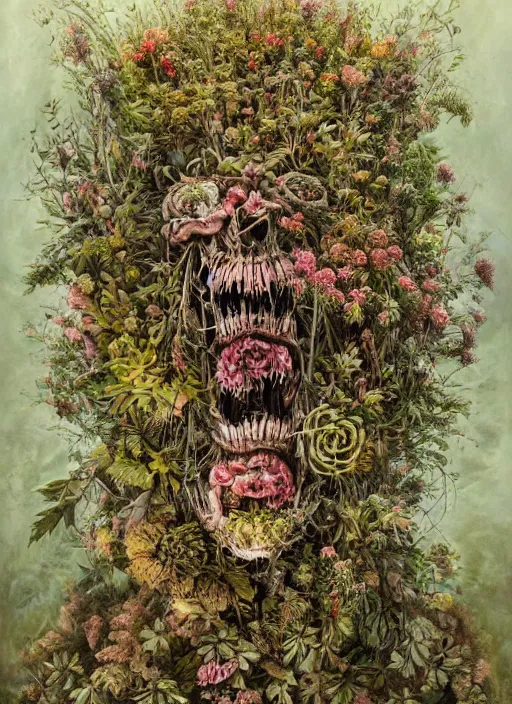 Prompt: a hyper detailed fine painting of a monster made of woods herbs flowers and plants, horror surrealism