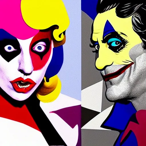 Prompt: richard hamilton and mimmo rottela as lady gaga harley queen and joaquin phoenix joker, pop art, 2 primary color, justify content center, object details, dynamic composition, face and body features, ultra realistic art, smooth, sharp focus, illustration, concept art, intricate details, h 7 6 8