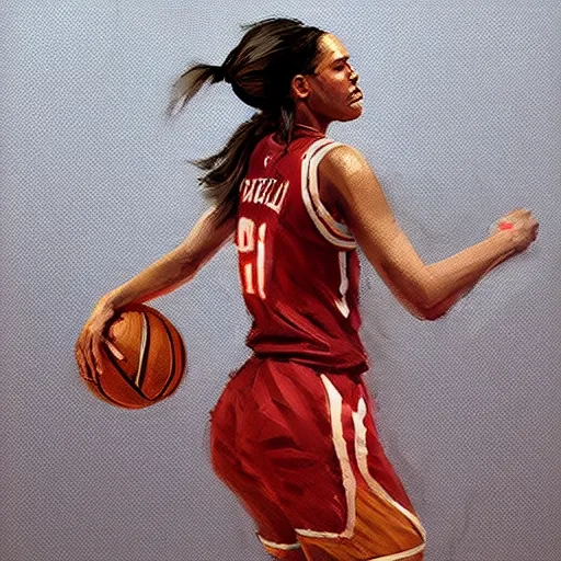 Image similar to painting of an woman basketball player, greg rutkowski, cg worker artstation