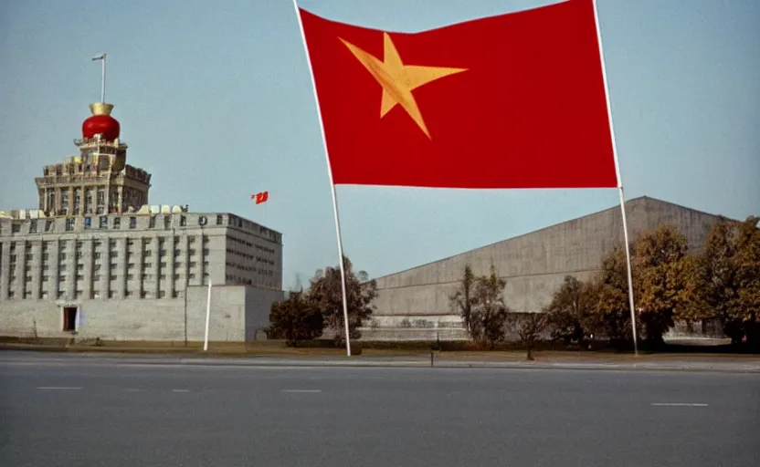 Image similar to 60s movie still of a giant stalinist style sovietic parlement with a giant USSR flag, by Irving Penn , cinestill 800t 35mm eastmancolor, heavy grainy picture, very detailed, high quality, 4k, HD criterion, precise texture, panoramic, cinematic