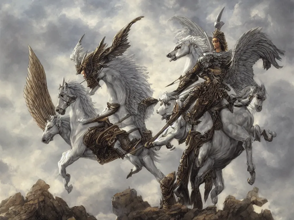 Image similar to valkyrie on white pegasus, epic scene, style of brom, highly detailed