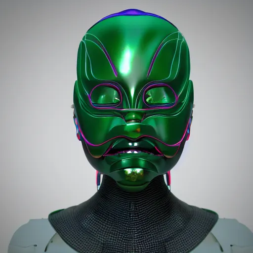 Image similar to futuristic cybernetic geisha mask made of malachite, studio lighting, cinema 4 d, trending on artstation