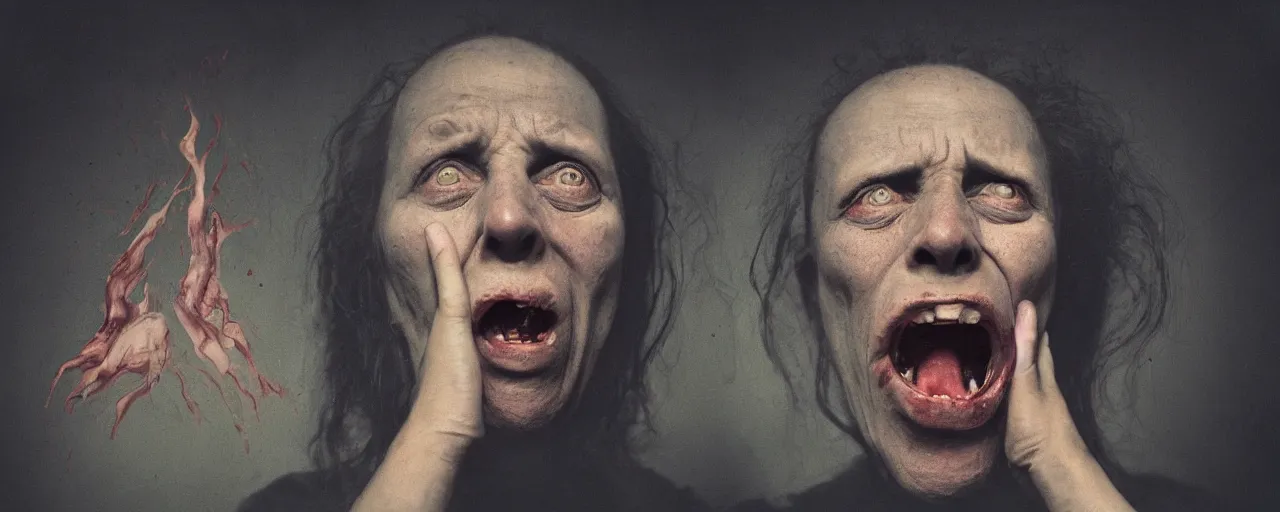 Image similar to vintage color footage exaggerated sombre exorcism scared priest by annie leibovitz, wide open mouth in terror by annie leibovitz, crying figures inside mental hospital portrait by annie leibovitz, artstationhq iamag