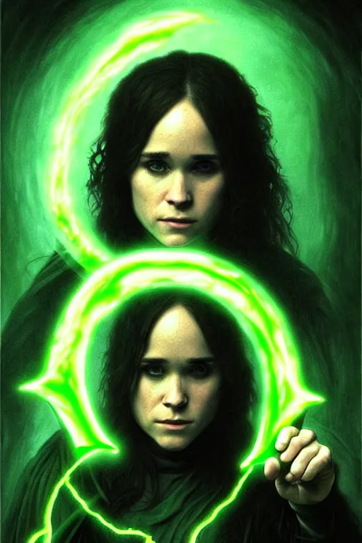 Image similar to ellen page as a dark sorceress with yellow glowing eyes casting a green spell, green lighting, fantasy character portrait, ultra realistic, concept art, intricate details, highly detailed by james bama, william adolphe bouguereau and frank frazetta