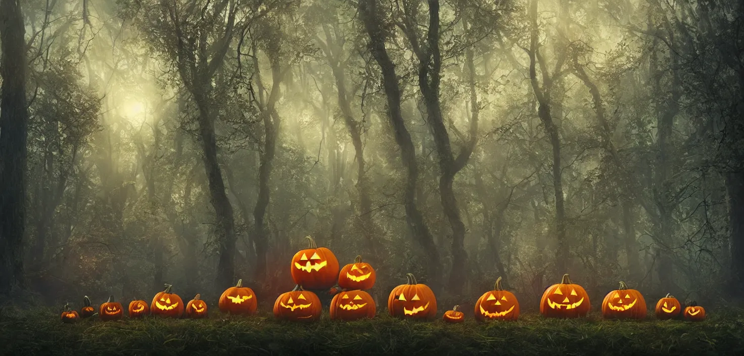 Prompt: halloween pumpkins are lying in the forest under the trees. panorama of a fabulous forest on the eve of halloween, cinematic view, epic sky, detailed, concept art, low angle, high detail, warm lighting, volumetric, godrays, vivid, beautiful, trending on artstation, by jordan grimmer, huge scene, grass, art greg rutkowski