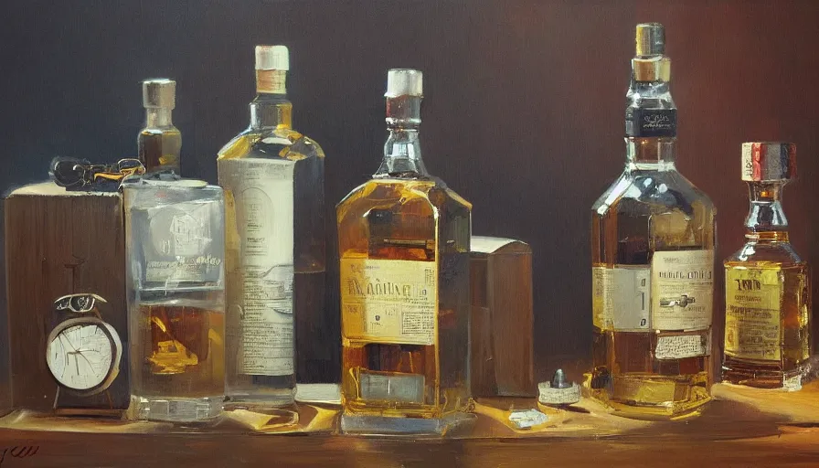 Image similar to clocks, time, whisky, oil painting by jama jurabaev, brush hard, artstation, high quality, brush stroke