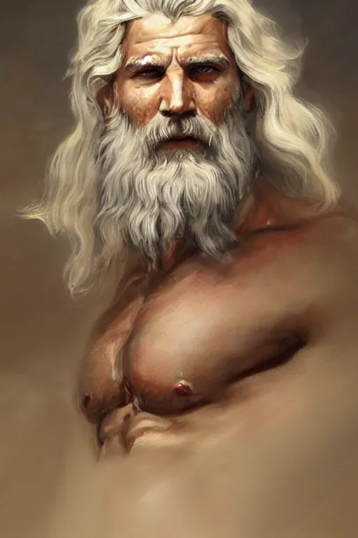 Image similar to painted portrait of rugged zeus, god of thunder, greek god, white hair, masculine, mature, handsome, upper body, muscular, hairy torso, fantasy, intricate, elegant, highly detailed, digital painting, artstation, concept art, smooth, sharp focus, illustration, art by gaston bussiere and greg rutkowski