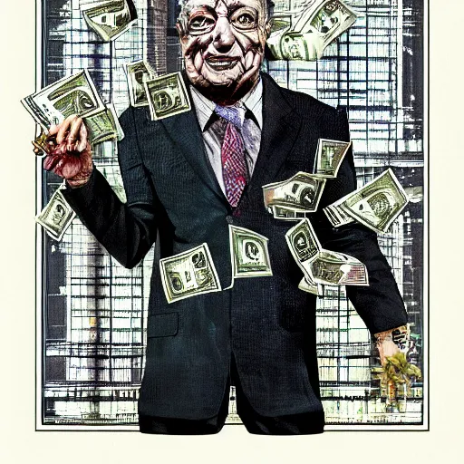 Image similar to George Soros full body shot, dollar bills Body horror, biopunk, by Ralph Steadman, Francis Bacon, Hunter S Thompson