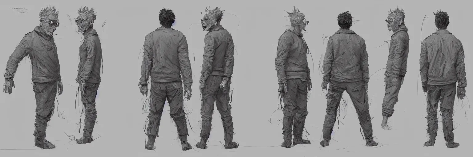 Image similar to character study of todd solondz going crazy, male, artist, character sheet, fine details, concept design, contrast, kim jung gi, greg rutkowski and francis bacon, trending on artstation, 8 k, full body and head, turnaround, front view, back view, ultra wide angle