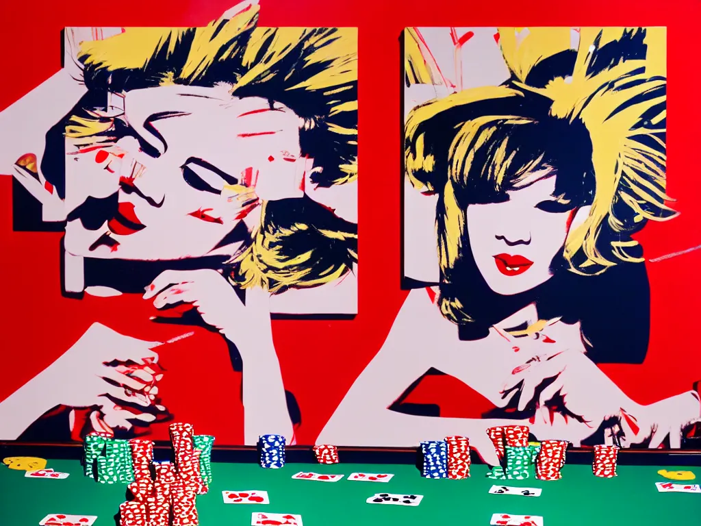 Image similar to hyper - realistic composition of a room with an extremely detailed poker table, croupier in traditional japanese kimono standing nearby fireworks in the background, pop art style, jackie tsai style, andy warhol style, acrylic on canvas