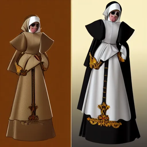 Image similar to female character design inspired by venice carnival and nun outfit | | art by greg rutswork