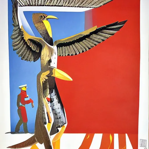 Image similar to a detailed and complex uncut full body soviet propaganda poster depicting a dromaius in military uniform. painting by dmitri moor