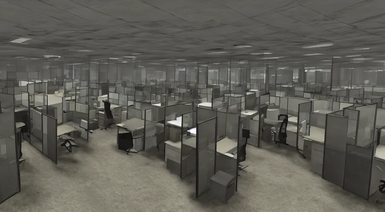 Image similar to An office at 3AM with multiple cubicles and a window that provides a view of the city, Source Engine, Gmod, Half Life 2