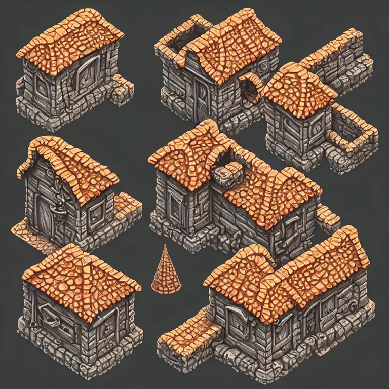 Prompt: subsurface scattering, isometric orthographic game art of sandstone houses at noon, transparent background, brom's amazing d & d dark sun art, psd spritesheet, digital painting by brom, hand - drawn 2 d art, intricate details, beautiful, hq lighting, ultrarealistic, cgsociety, artstation, by brom, blank background