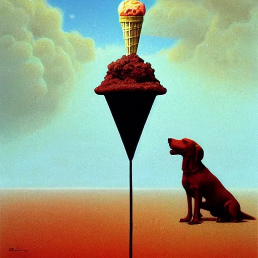 Image similar to dog holding an ice cream by zdzisław beksinski, high resolution, direct light,