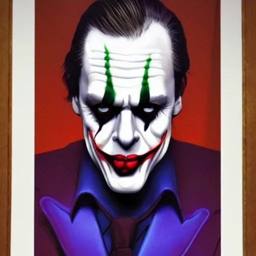 Image similar to Steve Buscemi as the Joker, in the style of Boris Vallejo, intricate, highly detailed, concept art, smooth, sharp focus