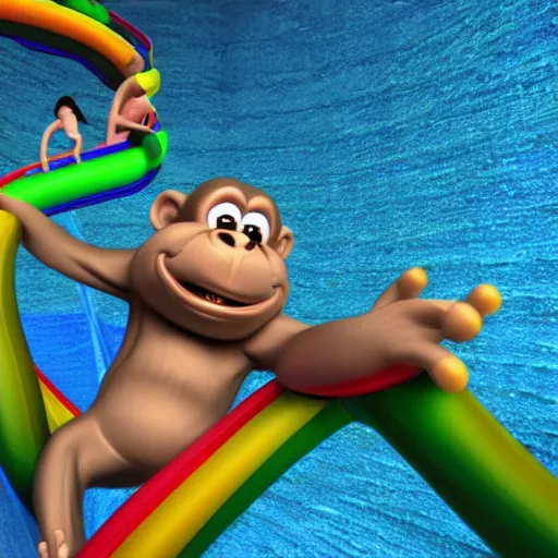 Image similar to multicolor 3 d render of happy monkey sliding down a waterslide by @ combrisi in 4 k ultra high resolution, with funny feeling