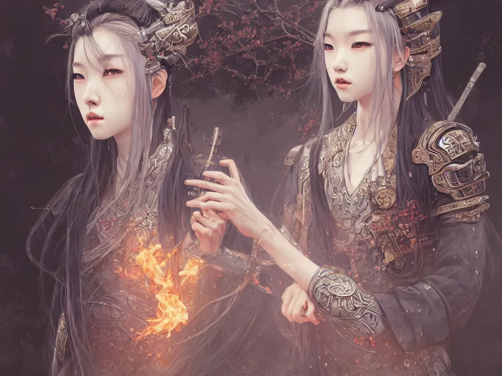 Image similar to portrait jisoo blackpink samurai girl, grey hair armored samurai clothes, in fire japanese temple wet night, ssci - fi and fantasy, intricate and very very beautiful and elegant, highly detailed, digital painting, artstation, concept art, smooth and sharp focus, illustration, art by tian zi and wlop and alphonse mucha