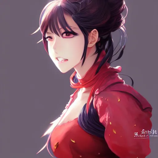Image similar to anime character portrait of a female martial artist!! elegant, intricate outfit, fine details by stanley artgerm lau, wlop, rossdraws, james jean, andrei riabovitchev, marc simonetti, and sakimichan, trembling on artstation