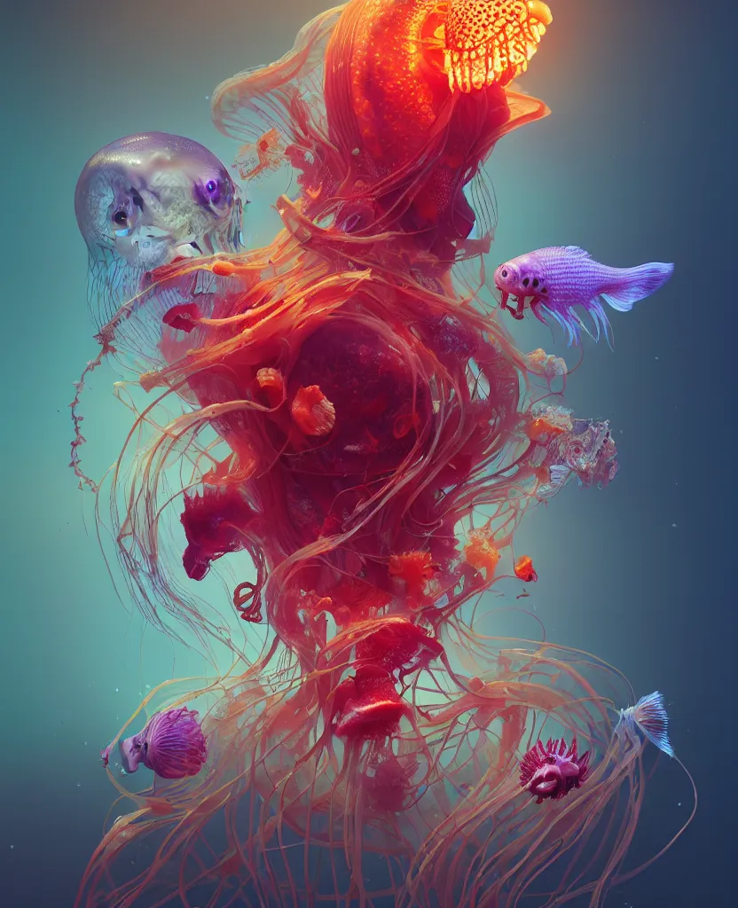 Image similar to human thorax, jellyfish phoenix head, nautilus, orchid, skull, betta fish, bioluminiscent creatures, intricate artwork by Tooth Wu and wlop and beeple. octane render, trending on artstation, greg rutkowski very coherent symmetrical artwork. cinematic, hyper realism, high detail, octane render, 8k