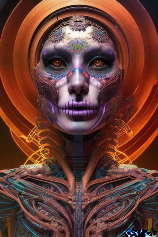 Image similar to ultra detailed Female Android deity, scifi, octane render, (dia de los muertos), asymmetrical, intricate concept art, triadic color scheme, art by artgerm and giger and DZO and greg rutkowski and alphonse mucha and WLOP