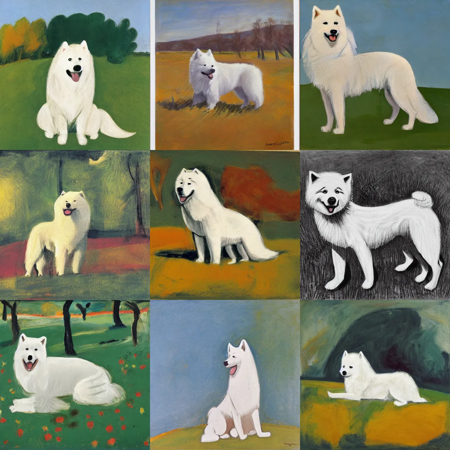 Prompt: a samoyed dog sitting in the middle of sunny meadow, by willem de kooning