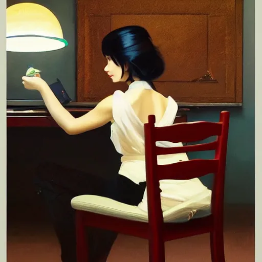 Prompt: oil painting by ilya kuvshinov,, baugh casey, rhads, coby whitmore, of a youthful japanese beauty, long hair, sitting on antique chair leaning against a desk, victorian room